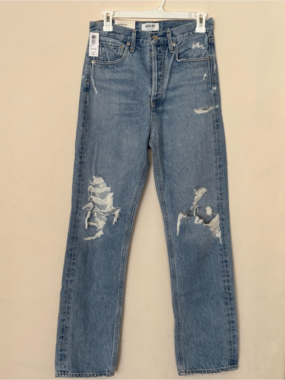 NWT Agolde  90’s light blue mid rise loose fit distressed straight-leg jeans